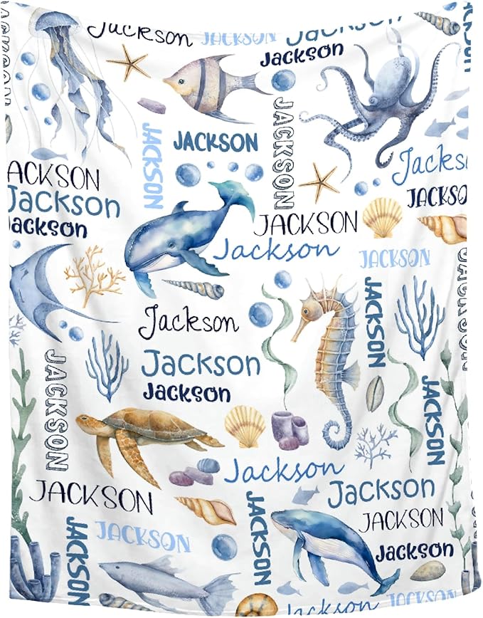 Personalized Baby Blanket for Girls Boys Kids Dolphins Turtles Custom Baby Blanket with Name Throw Birthday Gift for Toddlers Infants Shower Newborns Nursery Stroller Crib Bed Decor