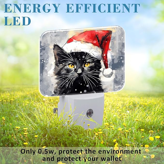 Cute Black Cat with Santa Hat Night Light for Kids, Christmas Cat LED Night Light Plug into Wall with Dusk to Dawn Sensor for Girls Boys Women Bedroom,Hallway,Kitchen,Bathroom,Stairs Decor