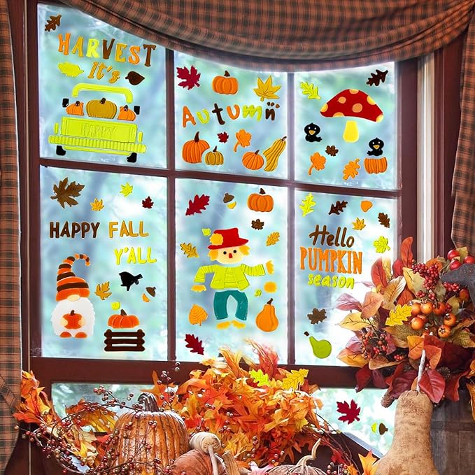 6 Sheet Fall Window Clings Gel, Happy Thanksgiving Autumn Harvest Pumpkins Truck, Fall Leaf, School Home Supplies