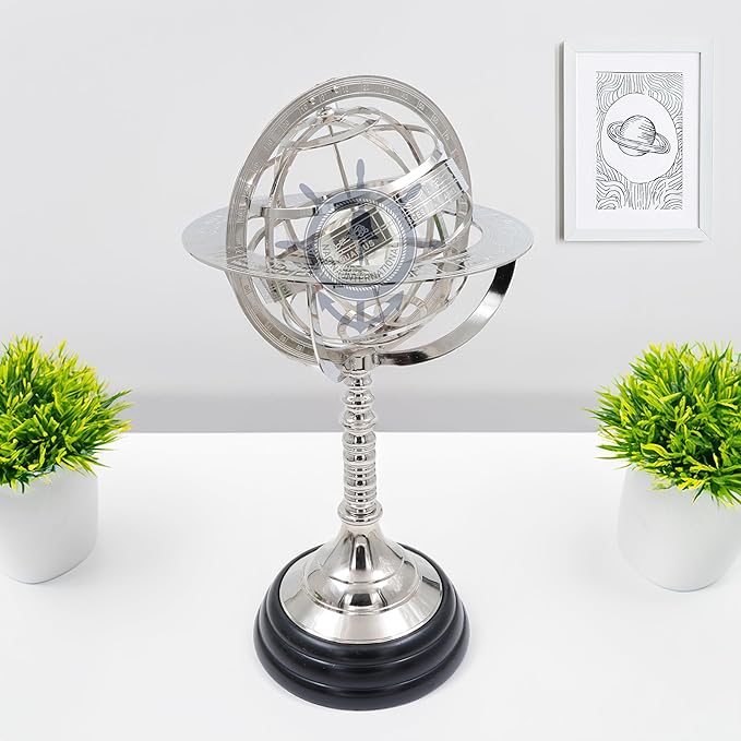 Nagina International Antique Vintage Zodiac Armillary Brass Sphere Globe Wooden Display | Pirate's Antique Ship Decor (XL, Nickel Plated)