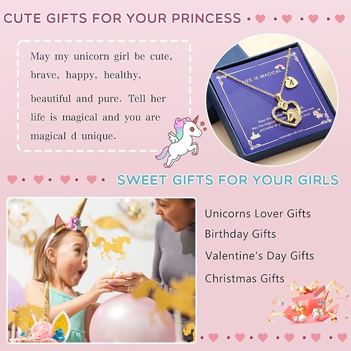 Unicorn Initial Necklaces Gifts for Girls Kids - 14K Real Gold Plated Heart Initial Unicorn Necklace Teen Girls Gifts Trendy Stuff Heart Letter Necklace for Women Girl Kids