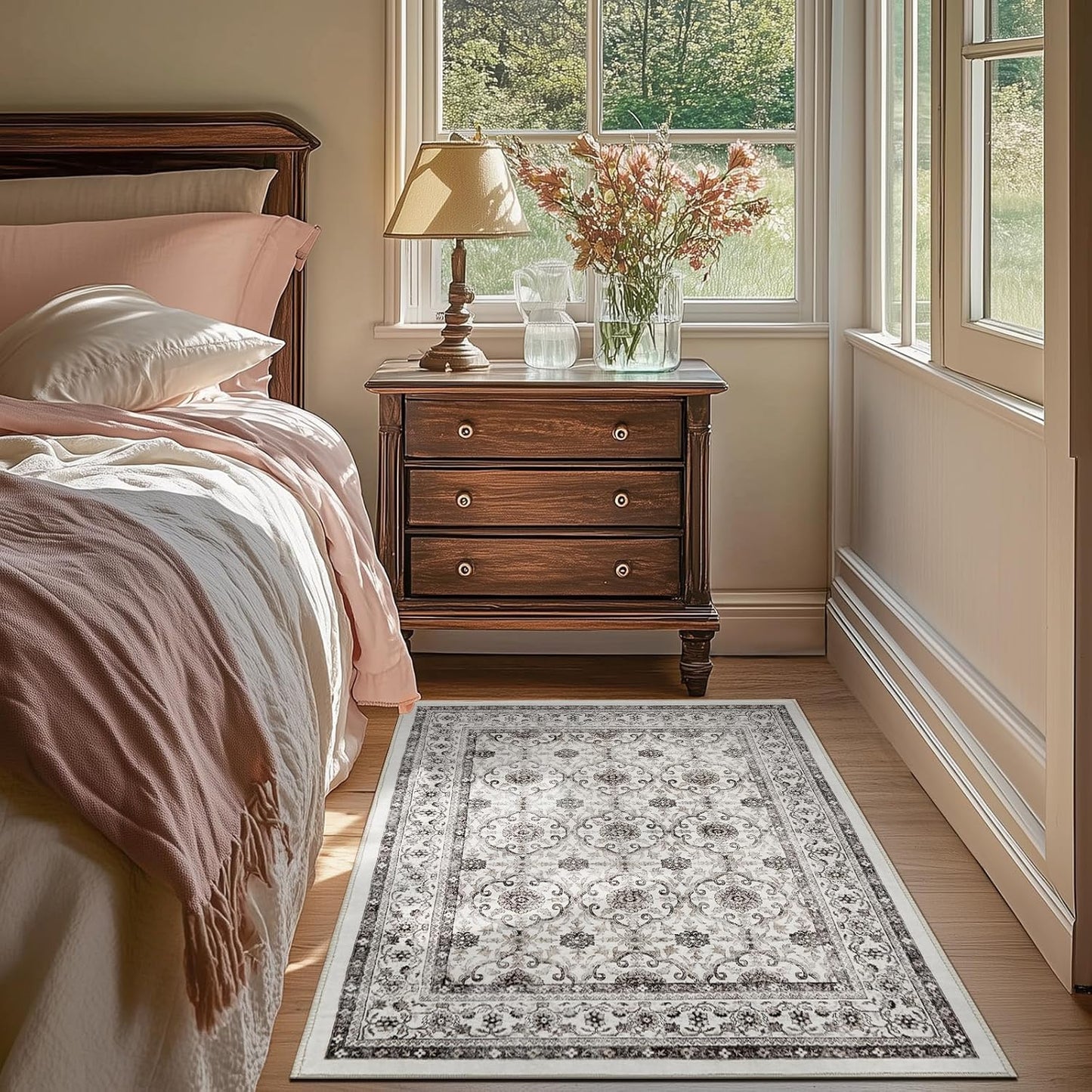 jinchan Floral 3x5 Area Rugs for Entryway - Beige Vintage Distressed Design Doormat Non-Slip Ultra-Thin Low Pile Boho Rug for Kitchen Living Room Bedroom Farmhouse (3‘x5',Beige)