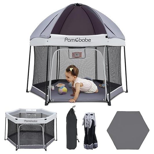 Pamo Babe Baby Playpen with Sun Protection Canopy - Indoor & Outdoor Play Yard for Babies and Toddlers - Baby Tent with Zipper Door