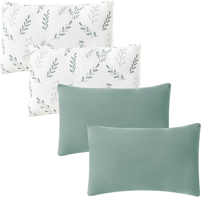 JELLYMONI 4 Pack Muslin Toddler Pillowcase for 13x18 Pillow, 100% Cotton Baby Pillow Case Cover for Bed, Toddler Cot and Travel, Soft & Breathable Baby Kids Envelope Pillowcase, No Pillow