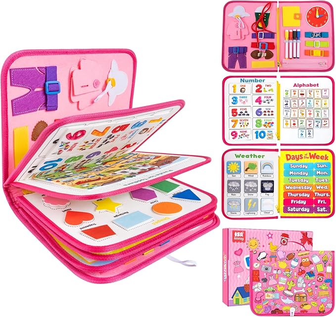 12-Page Toddler Busy Board Montessori Toys, Busy Book for Toddlers, Girl Birthday Gift,Toddler, 24 in 1 Activity Sensory Toys for Motor Skills, Travel Toy for Car Airplane (Pink)