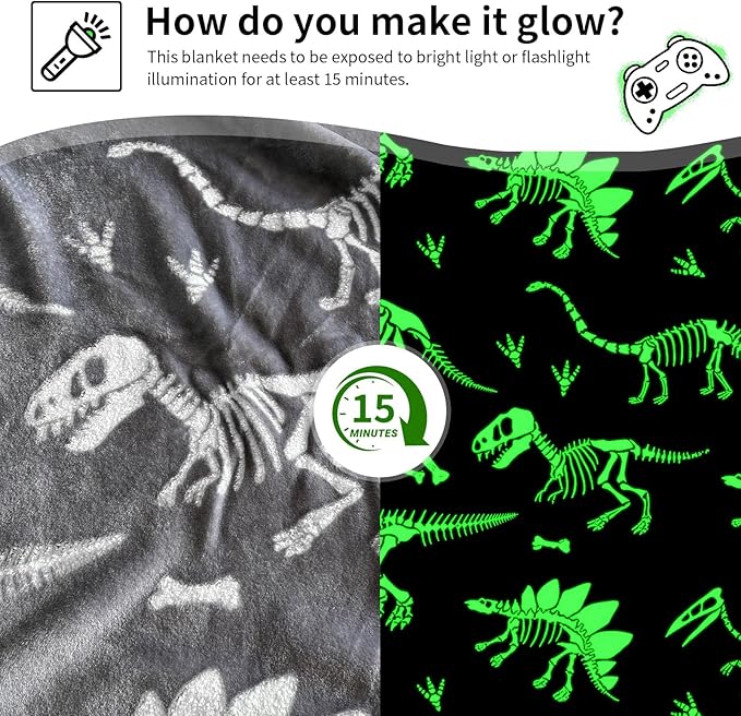 TEHALK Dinosaur Glow in The Dark Blanket for Boys/Girls/Toddler/Baby, Dinosaur Toys for Boy Age 3-12, Cute Funny Kids Throw Blanket for Birthday/Gifts 50"x 60"