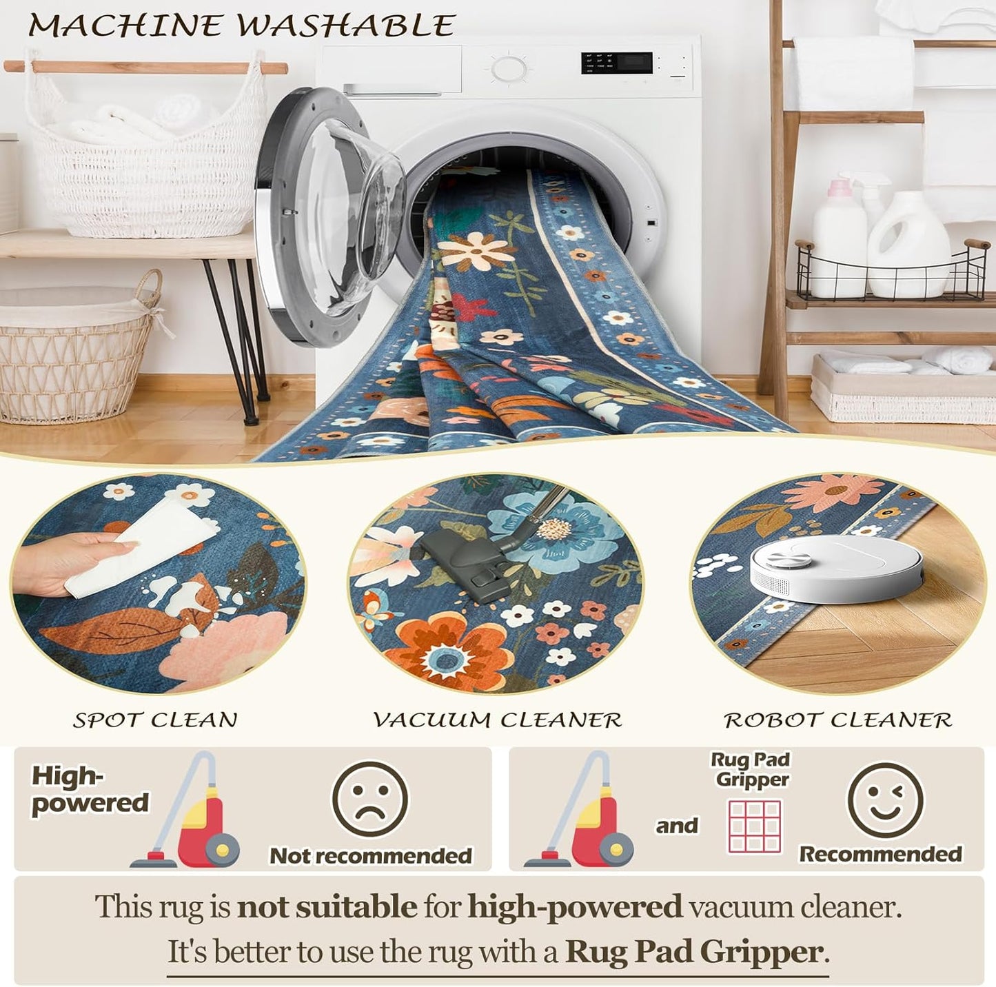 Floral 4ft Area Rug Machine Washable Soft Print Boho Carpet Non Slip Doormat Low Pile Flower Area Rugs for Living Room Bedroom Nursery Kitchen Dining Room Indoor-Blue/Grey