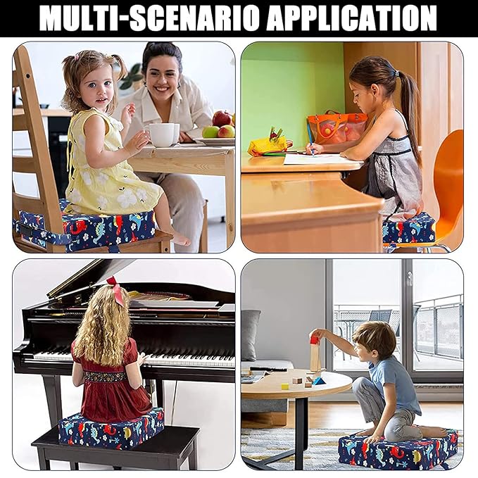 Taeku Booster Seat for Dining Table, Portable Kids Toddler Booster Chair Increasing Cushion Cartoon Seat Pad with 2 Safety Buckles for Kitchen Restaurant (Dinosaur Blue)