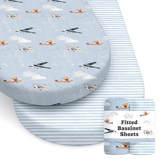Baby Bassinet Sheets for Boy, Girl (Airplanes & Clouds) 2-Pack - Fitted Bedside Bassinet Sheets - Buttery Soft Cotton Blend for Standard Mattress Pad