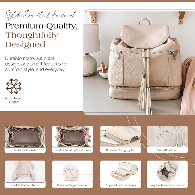 Citi Collective Journey Pearl Vegan Leather Diaper Bag Backpack | Elegant, Multifunctional, Travel Diaper Bag with Changing Pad, Stroller Straps & Insulated Bottle Pockets.