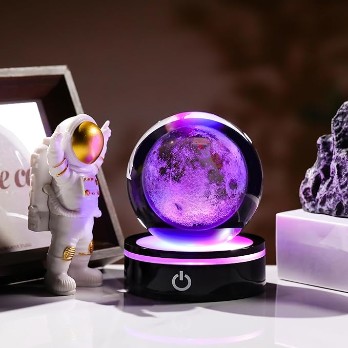 3D Moon Model Crystal Ball Led Lamp Base - Space Decor World Globe Planets Sphere Night Light 80mm 3.15 Inch - Solar System Decor Best Birthday Astronomy Gifts for Men Physics Science Teacher