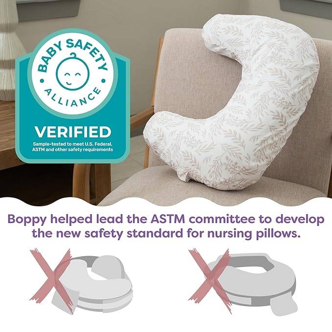 Boppy Nursing Pillow - Ergonomic Bottle & Breastfeeding Pillow with High, Firm, Large Area, Water-Repellent Cushion with Washable Cover; Baby Safety Alliance Verified - Sage Green Leaf