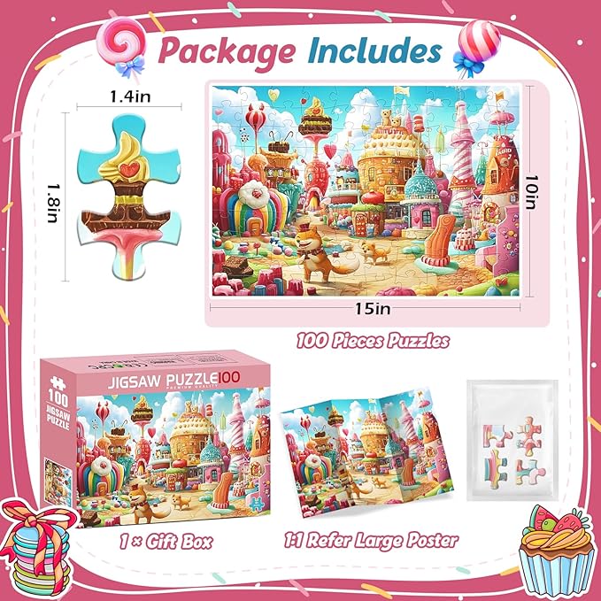 100 Piece Puzzles for Kids Ages 4-8,Kids Puzzles Ages 4-6 6-8 8-10 Dessert Cartoon Puzzle 100 Piece for 4 6 8 Years Old Jigsaw Puzzles for Adults Toddler Children Seniors Toys Puzzle Games Gift