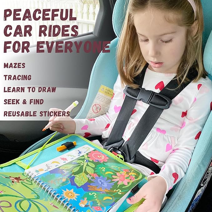 Totebook Kids Travel Educational Activity Book with Washable Markers - Car and Airplane Activities, Learning Toys for Toddlers- Reusable Stickers for Ages 4, 5, 6 (Jungle & 2 Extra Books)