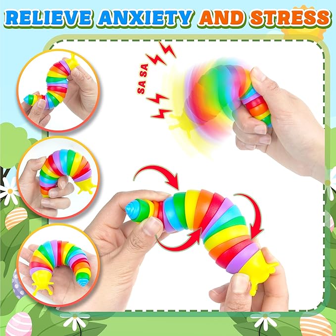 12PCS Baby Sensory Fidget Slug Toys Pack, ASMR Travel Airplane Activities Road Trip Car Toy for Toddler Kids Figette Worm for Adults Stress Relief Gift for Autism ADHD Autistic Caterpillar Stim Toys