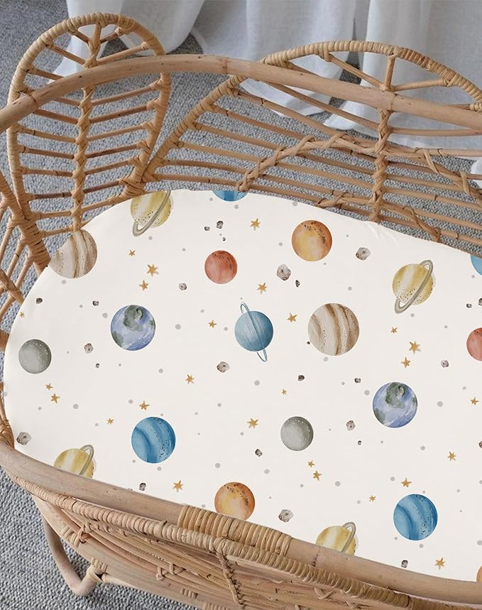 Bassinet Sheets for Baby Girls Boys 2 Pack, Fitted Baby Mattress Sheet for Rectangle, Oval, Hourglass Bassinet Mattress, Breathable Cozy & Universal Fit (Stellar Adventure)