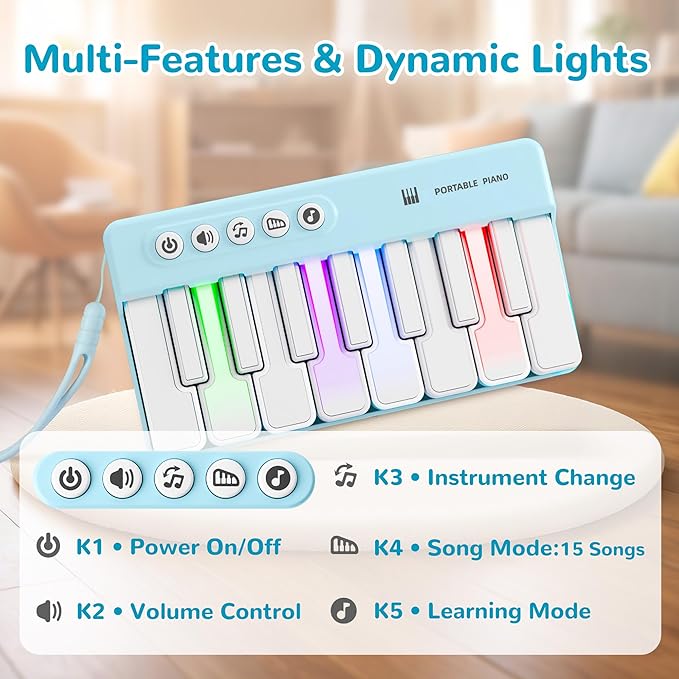 iPlay, iLearn Kids Piano Toy W/Rainbow Lights, Portable Travel Piano Keyboard Toddlers Musical Instrument Learning Toys, Music Interactive Birthday Gift for 2 3 4 5 6 Year Old Boys Children