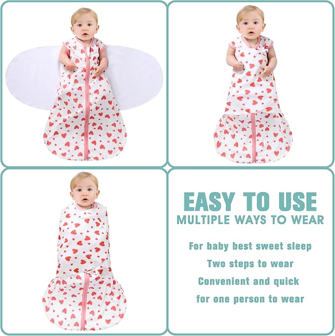 Newborn Sleep Sack Baby Swaddle,Swaddle me 6-12 Month,3-Way Adjustable Wearable Blanket,100% Rayon Cotton Swaddling Sleeping Bag，TOG 0.5 (Love, 6-12 Months)
