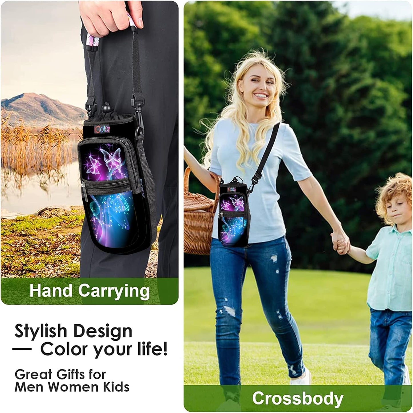 icolor Water Bottle Carrier Bag with Strap 25/32/40 oz Crossbody Bottle Holder with Phone Pocket Sling Sleeve Insulated Neoprene Water Bottle Pouch for Walking Travelling