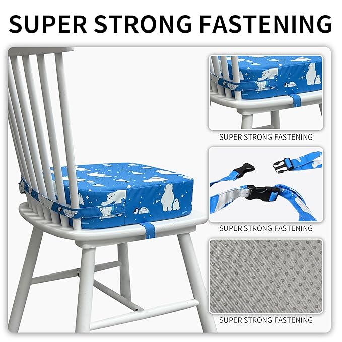 Toddler Booster Seat for Kitchen Chair, 3.5" Oxford Foam Cushion, Non-Slip Base, Adjustable Straps, Portable Dining Booster for Self-Feeding Toddlers at Home or on The Go (Polar Bear)