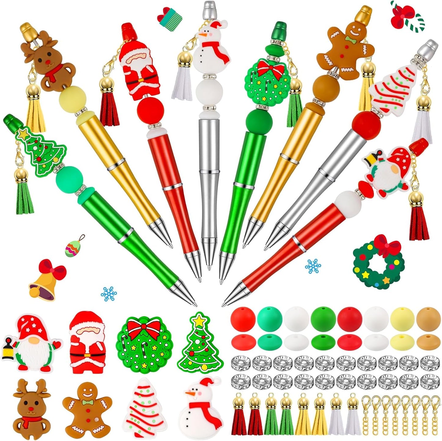 CZWZ 8 Pcs Christmas Beadable Pens, Plastic Beadable Pens with Multicolor Silicone Beads, Christmas Snowman Pine Tree Floral Hoop Deer Pens for Christmas Gifts Office School Supplies