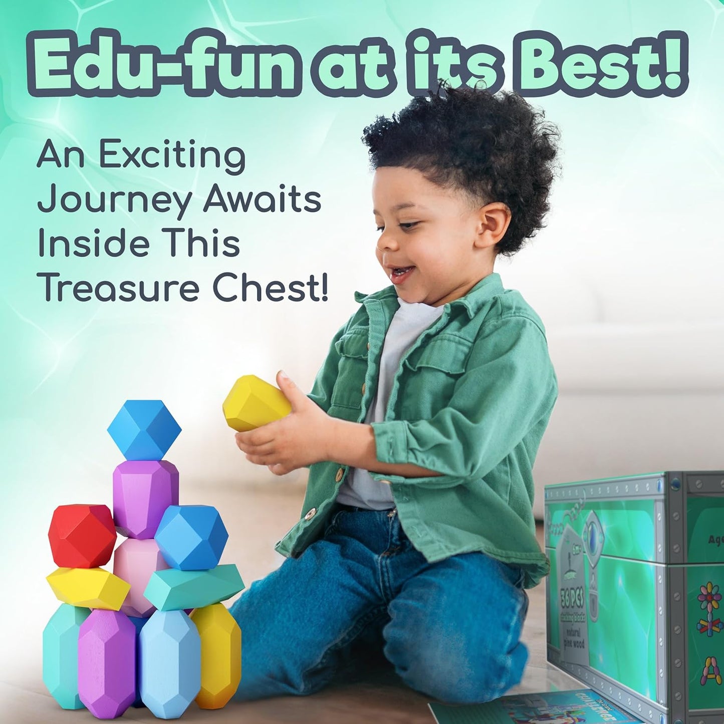 Wooden Stacking Blocks – Montessori Toys for 1 2 3 4 5 6 Year Old Toddlers and Kids, No Choking Hazard – Building Rocks Stones Games, for Girls and Boys