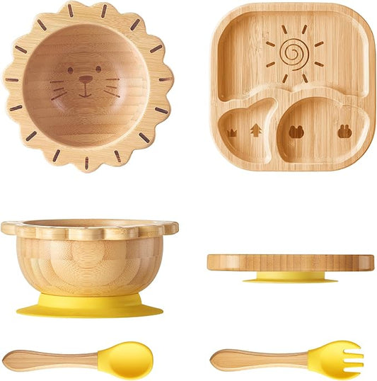 Suction Plates Bowls Set for Baby Toddler Non-Toxic Bamboo Feeding Set with Silicone Fork & Spoon (Yellow Feeding Set)