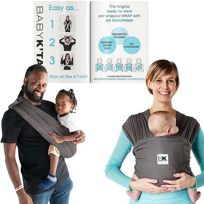 Breeze Baby K'tan Baby Carrier, #1 Easy Pre-Wrapped Baby Sling Gift | Breathable 100% Cotton Mesh | Hands Free Wrap for Infants | No Rings Or Buckles | Charcoal | Small