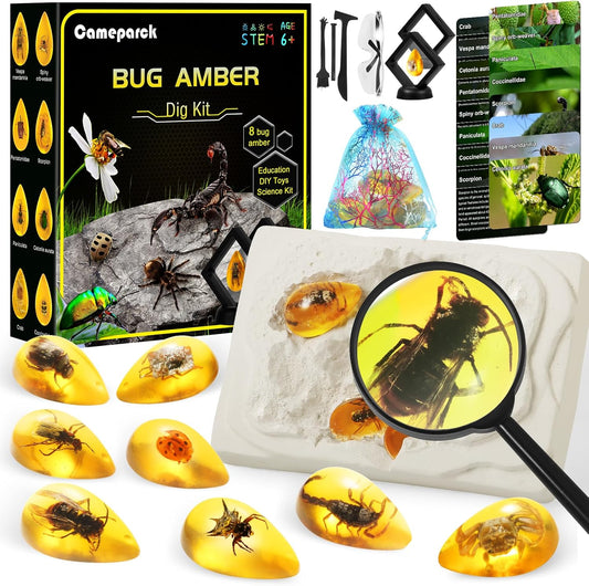 Bigger Amber Dig Kit - 8 Different Artificial Insect Resin,Excavate Unique Insect Specimens,Bugs Toys Educational Science Kits Toys for Kids,STEM Projects Gift for Girls & Boys Age 6-8-12-14 Year Old