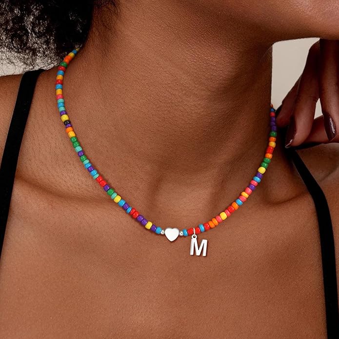 Colorful Initial Necklaces for Girls Women Kids - Teen Girls Gifts Trendy Beaded Initial Necklace Dainty Letter Gifts Choker Necklace for Girl Jewelry