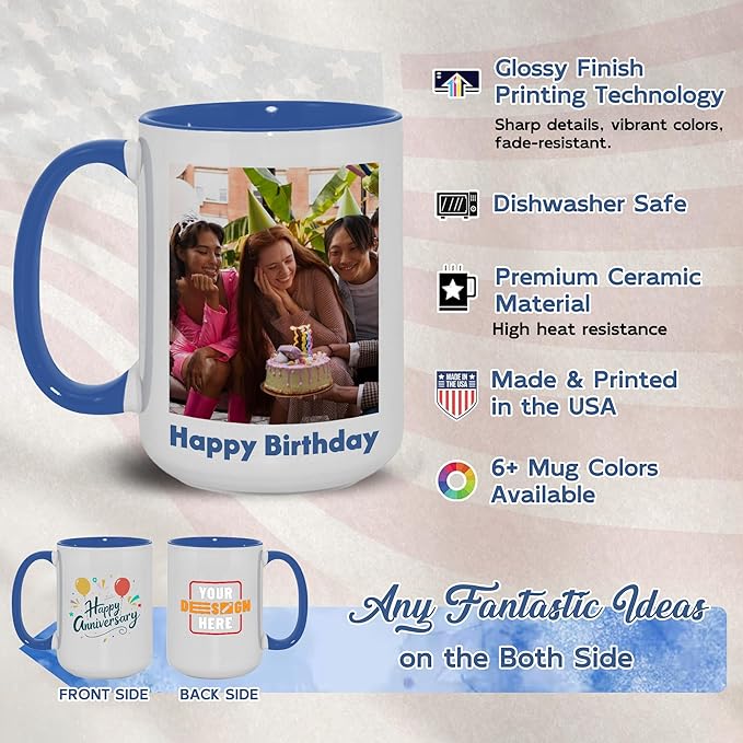 Custom Mug Upload Your Picture Personalized Coffee Mug with Photo Text Name Customized Cup Unique Ideas Gifts for Men Women Mom Dad Girlfriend Boyfriend Friend Family (Blue, 15oz)