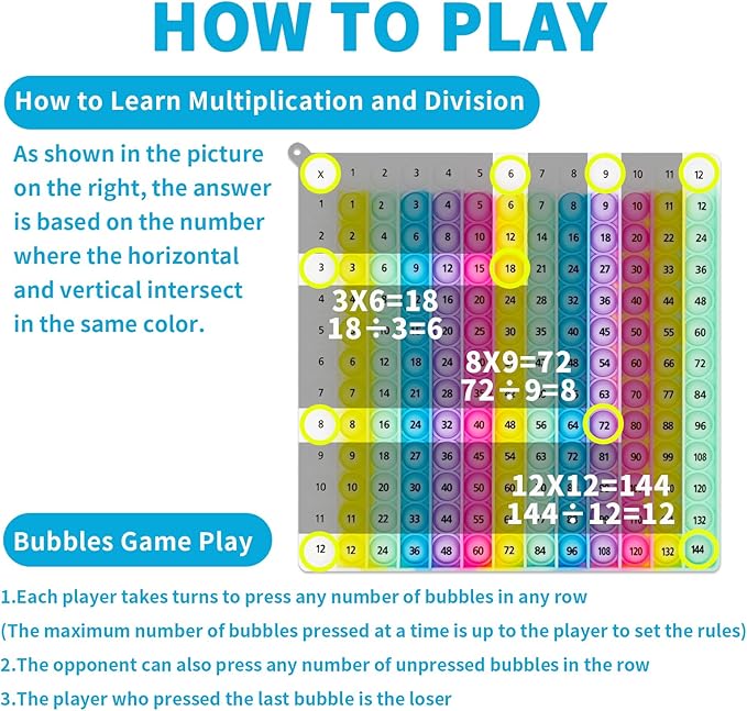 Interactive 12x12 Multiplication Pop Board - STEM Sensory Math Toy with Poppable Bubbles, Classroom & Homeschool Learning Game, Multiplication Table Chart for Kids, Stress Relief Tool, CPC Certified