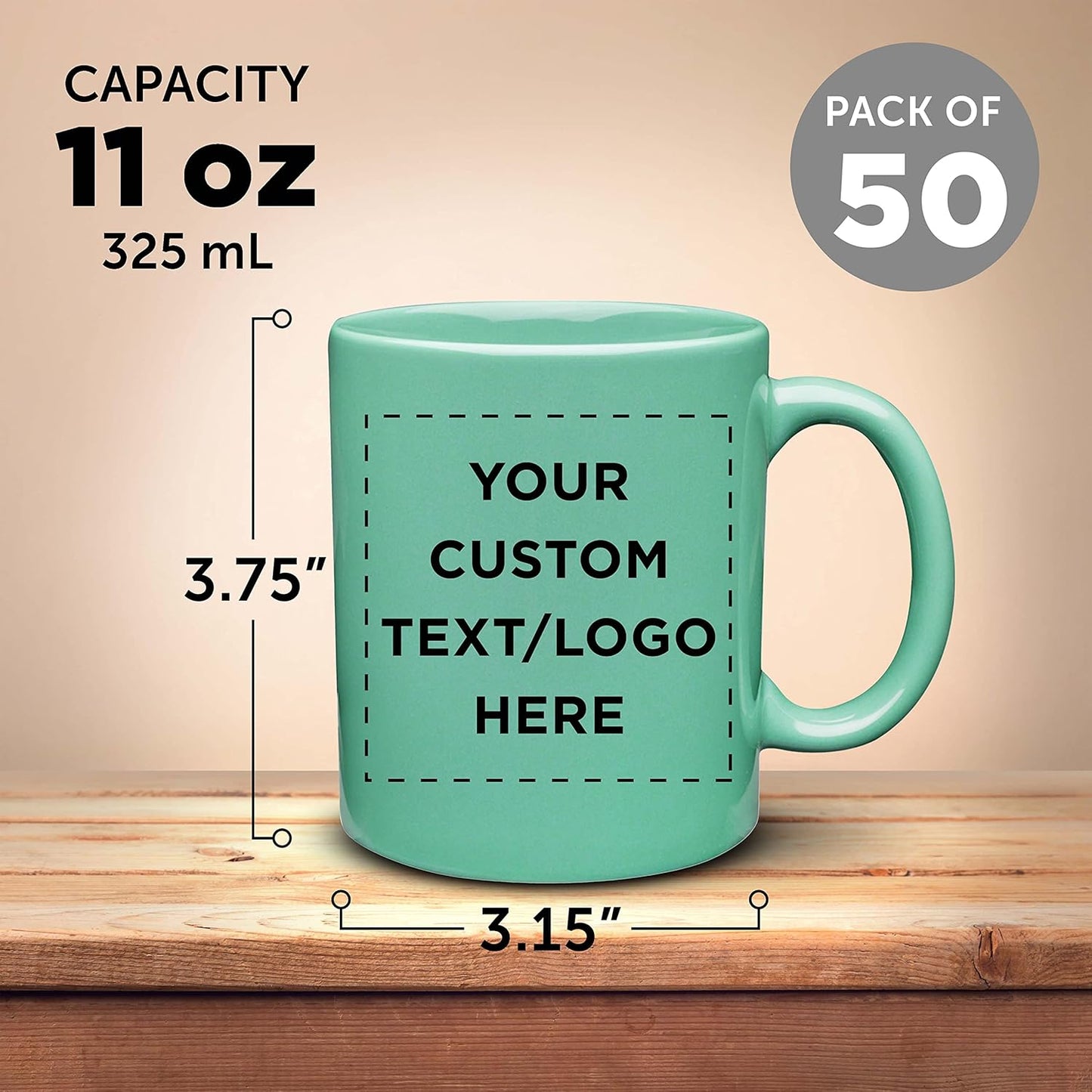 Custom Ceramic Coffee Mugs 11 oz. Set of 50, Personalized Bulk Pack - Coffee cup set, Iced coffee cup, Gaming mug - Teal