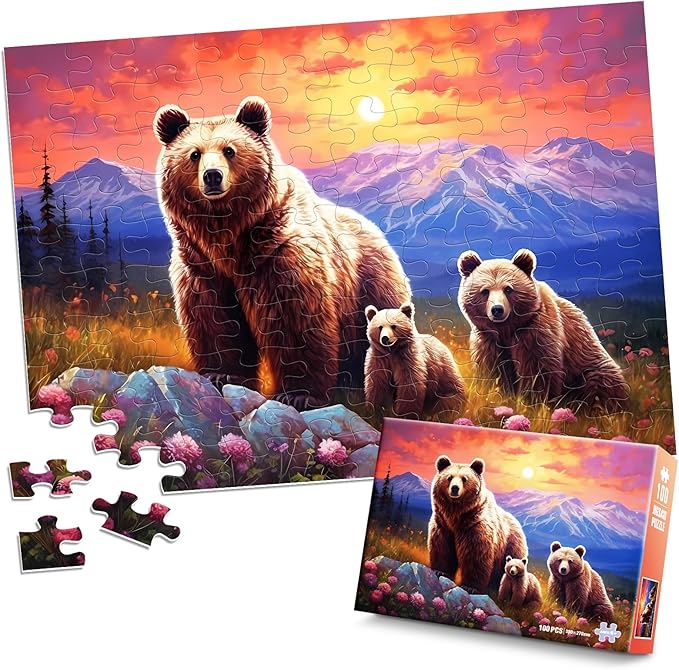 100 Piece Puzzles for Kids Ages 4-6 Brown Bear Family Puzzles for Kids Ages 6-8 8-10, 100 Piece Senior Jigsaw Puzzle for Toddlers Kids Puzzles Ages 3-5 Toys Birthday Gifts for Boys Girls Adults