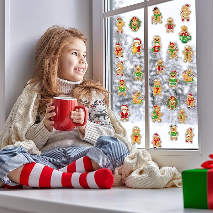 20 PCS Christmas Thick Gel Clings Gingerbread Man Window Decorations Xmas Window Clings Decals Yule Party Decor for Kids Toddlers Home Airplane Festive Season Holiday Party Home Classroom Nursery