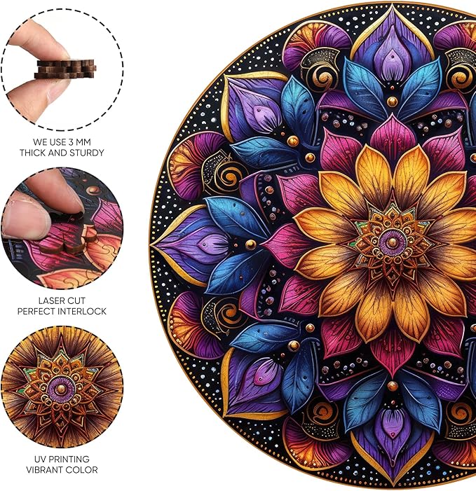 Jiroinlly Wooden Puzzles for Adults, Mandala Jigsaw Puzzles 200 Piece, Unique Shapes Family Reunion Puzzle, Exquisite Packaging, Best Gift for Adults and Kids, Family Game, 11.2x11.2 in