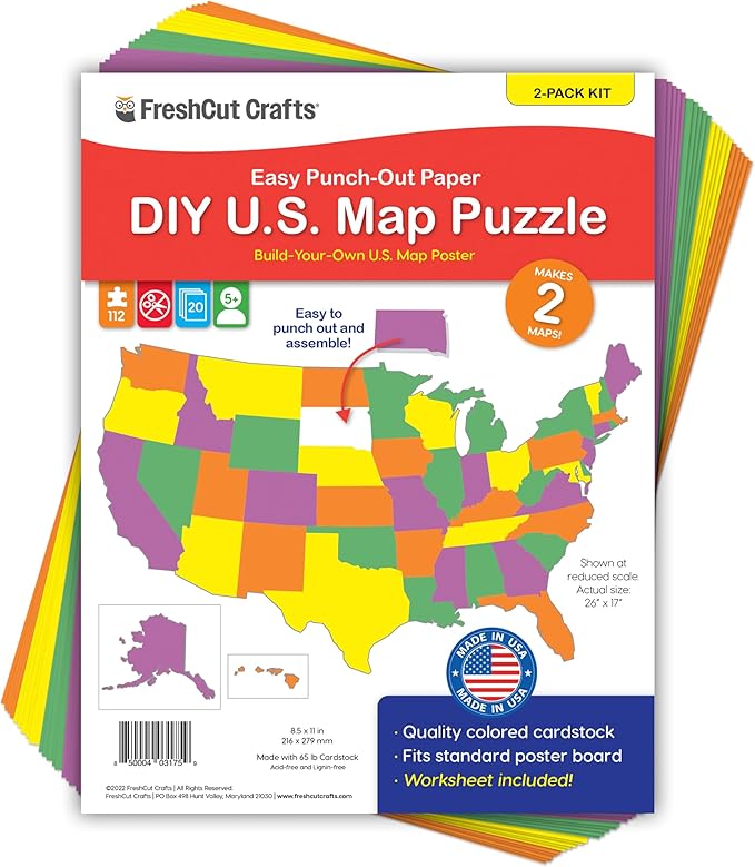 112 Pcs DIY U.S. MAP Puzzle Easy Punch-Out Paper 50 States – Makes 2 Complete Maps, Fits Standard Poster Board, Ideal for Homeschool, Geography, and Classrooms, US Made Quality Card Stock, NOT Foam