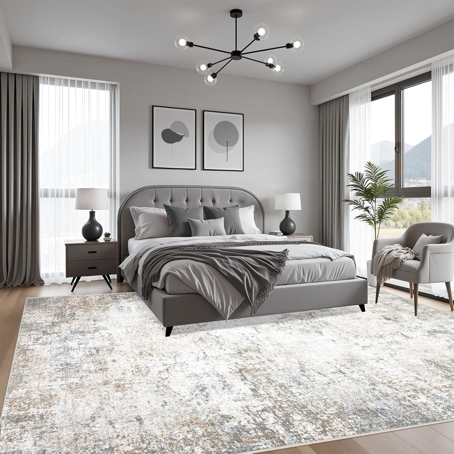 6x9 Area Rug Living Room Rug: Washable Modern Abstract Soft Thin Rug Indoor Floor No Slip Stain Resistant Carpet for Bedroom Dining Room Farmhouse Nursery Home Office - Brown Grey