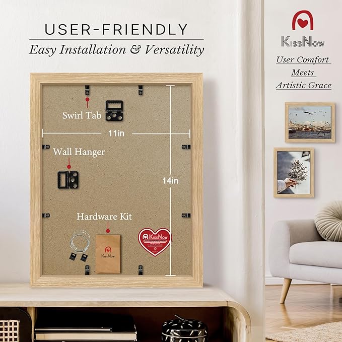 11x14 Picture Frame set of 2, Natural Oak Wood Poster Frame, Wall Hanging