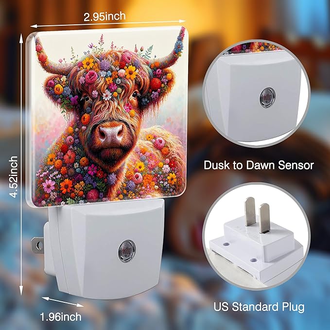 Highland Cow Night Lights Plug into Wall for Girls Boys Room, Night Lights LED Lamp with Dusk to Dawn Sensor Nightlight for Bedroom Kitchen Bathroom Hallway Home Wall Decor