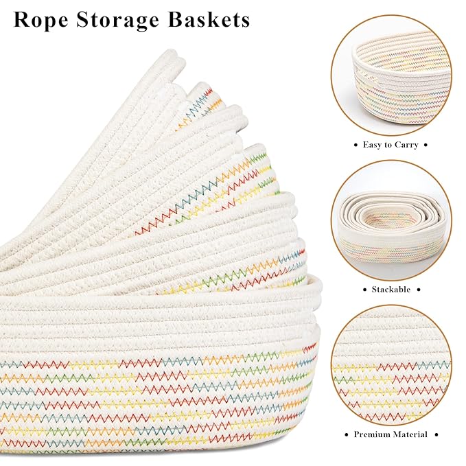 7 Piece Cotton Rope Woven Basket Set - Small Basket for Baby Nursery, Pets, Montessori, Dog & Cat Toy Boxes, Bathroom Organization Bins (White/Rainbow Stitching)