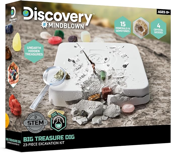 Discovery™ Big Treasure Dig STEM Kit – 23-Piece Excavation Set for Kids| Dig for 15 Gemstones, 4 Crystal Geodes & Pyrite Nuggets| Real Tools| Educational Geology Toy| Science Activity Gift| Ages 8+