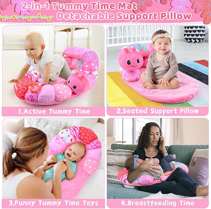 2-in-1 Tummy Time Mat & Seated Support Pillow Baby Toys 6-12 Months, Baby Tummy Time Toys Sit Me Up Floor Seat for Newborns and Older Babies, with Detachable Support Pillow and Toys(Pink)