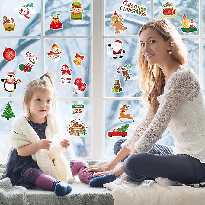 MARFOREVER 50Pcs Christmas Window Gel Clings Stickers Removable Reusable Xmas Snowflake Winter Window Clings Decals Stickers for Kids Classroom Home Christmas Holiday Party Supplies Decorations