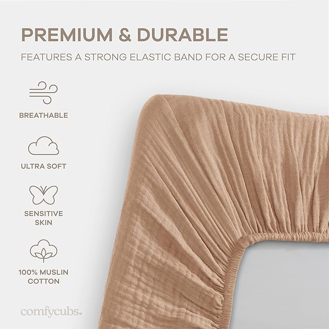 Comfy Cubs Muslin Bassinet Sheet - 100% Soft Cotton Fabric, Breathable & Gentle for Baby’s Sensitive Skin - Universal Fit with Secure Elastic Edging, Gift-Ready Packaging - Cedar