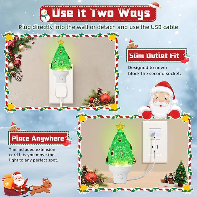 Christmas Tree Night Light Plug into Wall Swirling Glitter USB Portable Christmas Decorative Night Light Decoration for Kids Adults Bedroom Kitchen Living Room Holiday Decor (Tree)