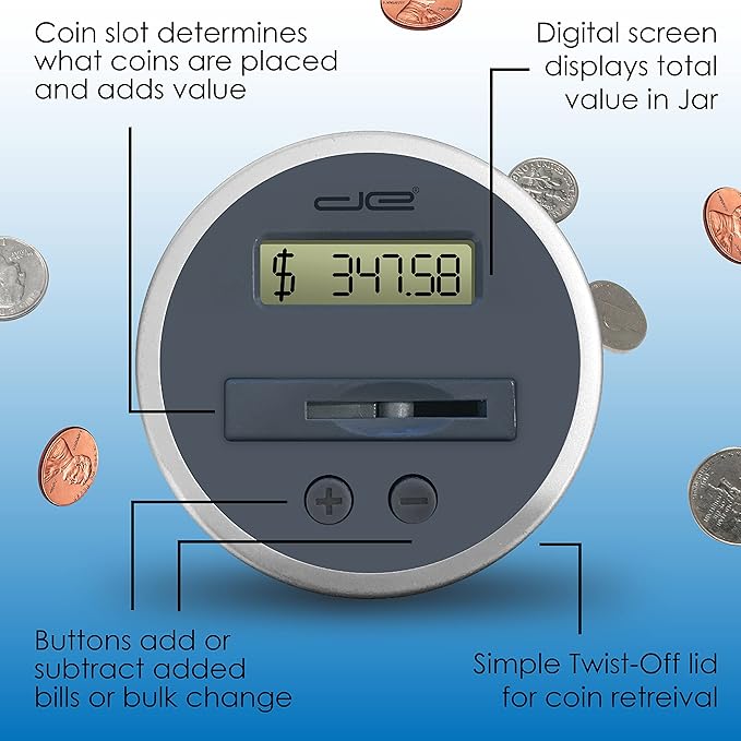 Jumbo Digital Coin Counter Bank - Extra Large Savings Jar for Pennies Nickles Dimes Quarters Half Dollar and Dollar Coins | Clear Jar w/LCD Display