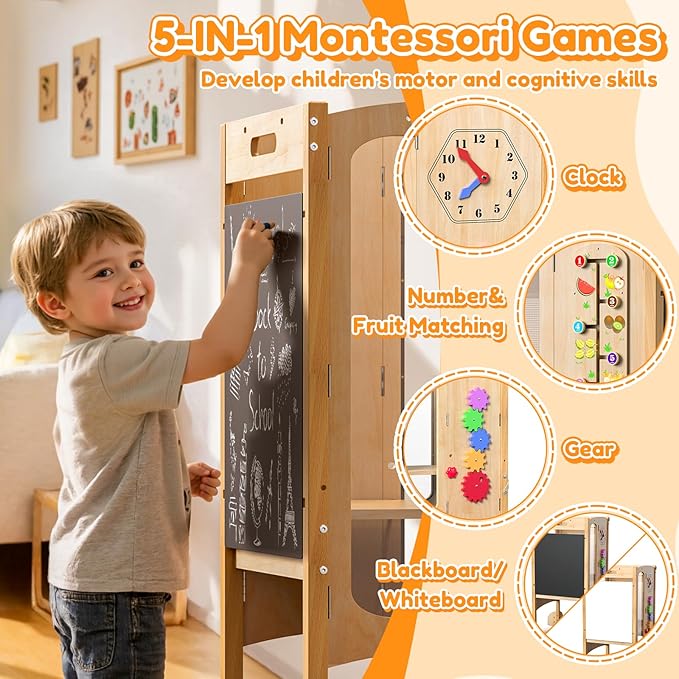 FlyingBoom Toddler Standing Tower, Foldable Kitchen Stool Helper with 2 Step Stool, Toddler Tower for Kids with Safety Net, Adjustable Height, Chalk-Whiteboard &Montessori Activity Games