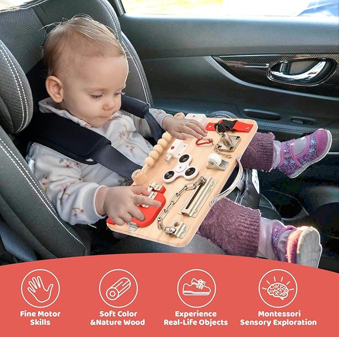 Montessori Busy Board for Toddlers - Wooden Educational Fidget Toys - Autism Sensory Products - Activity Board for Kids Baby Boys Girls, ADHD- Fine Motor Kids Travel Toys