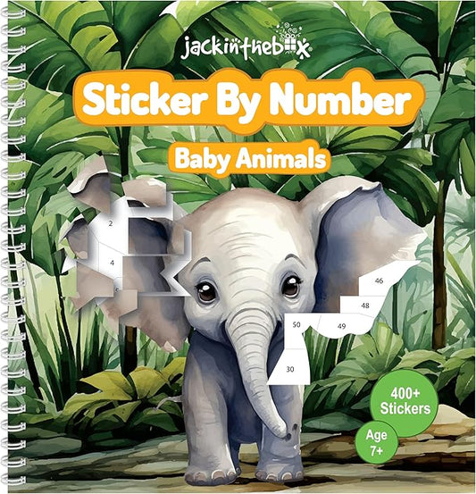 jackinthebox Sticker by Number Book, 12 Scenes Puzzle Paint by Sticker Book + Colouring Pages, Gifts for Birthday, Party Favor Toys for Girls, Arts & Crafts for Kids Age 7 8 9 10 (Baby Animals)